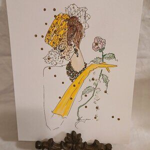Mixed Media Contemporary Watercolor 1940's Woman Painting Fashion Art Deco Style